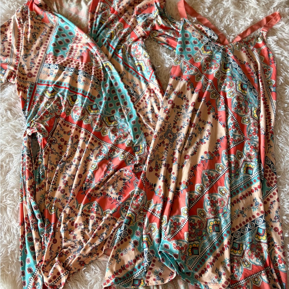 Ambrielle Coral, Teal & Cream Boho Patchwork sleepwear robe and gown set